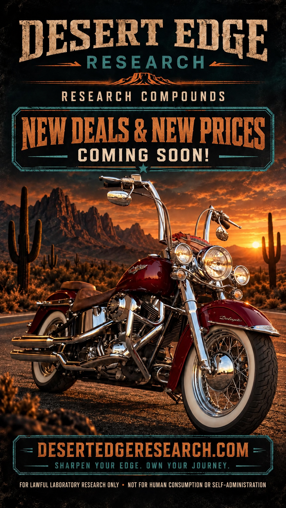 Desert Edge Research motorcycle poster announcing new deals and new prices coming soon